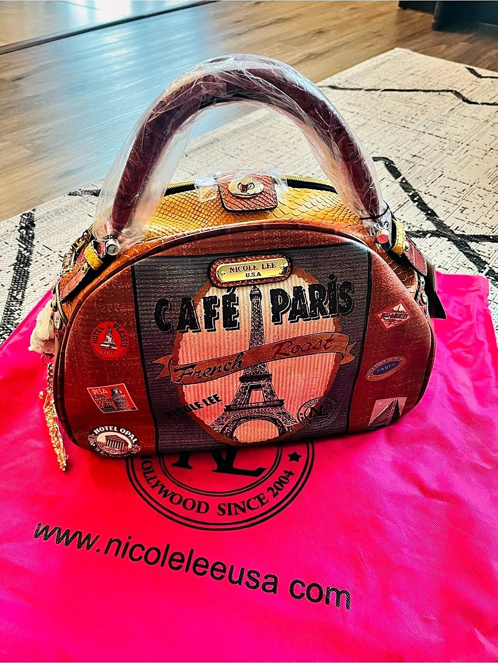 Nicole Lee Café Paris Print Boston Bag Satchel Brown & Orange